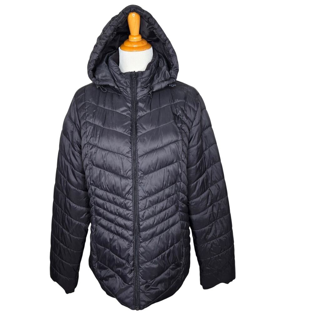 Xersion Women's Puffer Jacket Removable Hood Black Size XL Lightweight Quilted